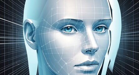 Poster - white hologram human face projection grid technology abstract background with copy space