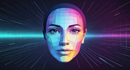 Poster - colorful hologram human face projection grid technolog technology abstract background with copy space
