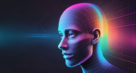 Poster - colorful hologram human face projection grid technolog technology abstract background with copy space