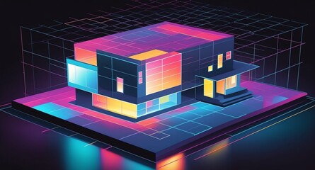 Poster - colorful hologram modern house projection grid technol technology abstract background with copy space