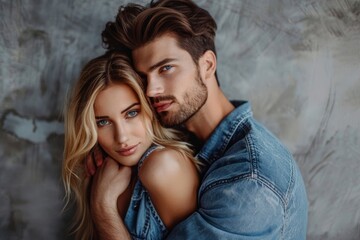 Wall Mural - passionate and pretty woman with blonde hair seducing handsome man on grey background, couple - generative ai