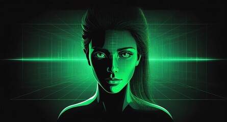 Poster - green hologram human face projection grid technology abstract background with copy space