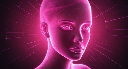 Poster - pink hologram human face projection grid technology abstract background with copy space