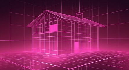 Poster - pink hologram modern house projection grid technology abstract background with copy space