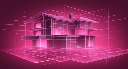 Poster - pink hologram modern house projection grid technology abstract background with copy space