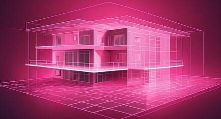 Poster - pink hologram modern house projection grid technology abstract background with copy space