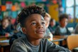 © DesignStorez - Young Boy Smiling in Elementary Classroom with Classmates
