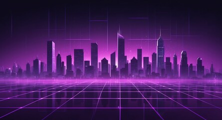 purple hologram city skyline projection grid technolog technology abstract background with copy space