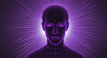 Poster - purple hologram human face projection grid technology abstract background with copy space