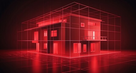 Poster - red hologram modern house projection grid technology abstract background with copy space