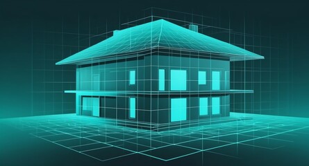 Poster - teal hologram modern house projection grid technology abstract background with copy space