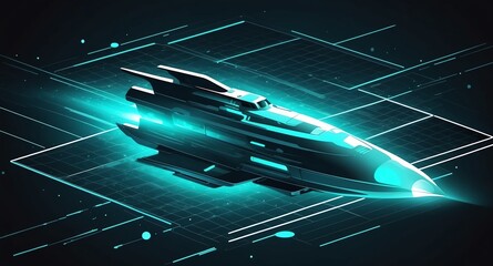 Poster - teal hologram space ship projection grid technology abstract background with copy space