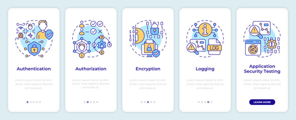 Wall Mural - Types of security controls onboarding mobile app screen. Walkthrough 5 steps editable graphic instructions with linear concepts. UI, UX, GUI template. Montserrat SemiBold, Regular fonts used