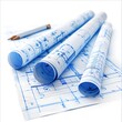 © Kakabe - Rolled-up engineering blueprints with a pencil on a white background, perfect for illustrating construction planning, architectural projects, or engineering concepts,