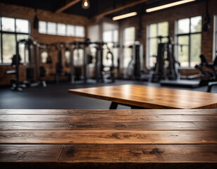 Empty wooden table with blur modern gym interior with sport fitness. space for product display.
