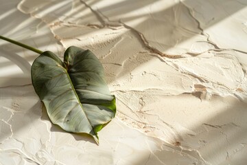 Wall Mural - Tropical dry leaf product presentation with Cracked stone . Natural beige background Studio Minimal showcase - generative ai