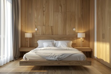 Interior of modern bedroom with wooden walls, wooden floor, comfortable king size bed and two lamps.