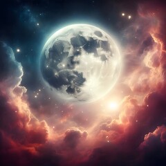 Bright full moon casting light on distant stars, deep black sky.