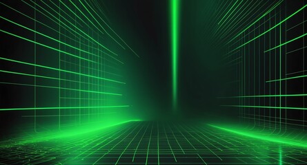 Poster - green hologram light streaks projection grid technolog technology abstract background with copy space