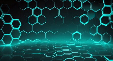 Poster - teal hologram hexagon lights projection grid technolog technology abstract background with copy space