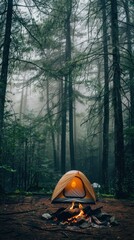 Wall Mural - Campfire in a Misty Forest