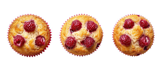  three piece of Raspberry muffins isolated on white background of different muffins. top view