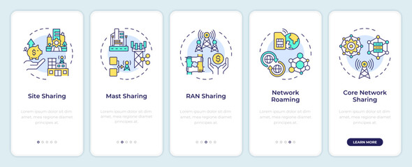 Wall Mural - Telecom infrastructure sharing onboarding mobile app screen. Walkthrough 5 steps editable graphic instructions with linear concepts. UI, UX, GUI template. Montserrat SemiBold, Regular fonts used