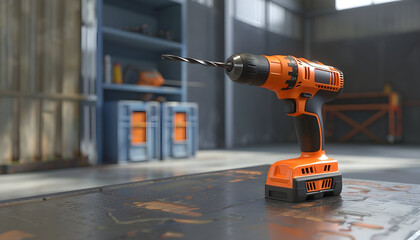 Wall Mural - A close-up of a cordless drill with a drill bit extended, resting on a workbench in a workshop.