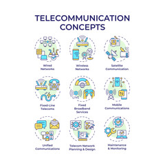  Telecommunication multi color concept icons. Wired and wireless networks. Telecom tower. Signal transmit. Internet access. Icon pack. Vector images. Round shape illustrations. Abstract idea