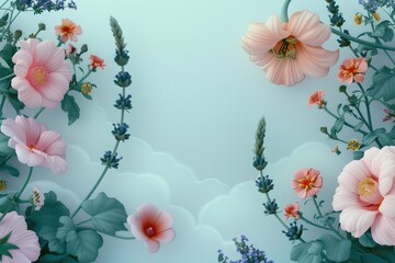 Wall Mural - Delicate Pink Flowers with Green Leaves on a Blue Background