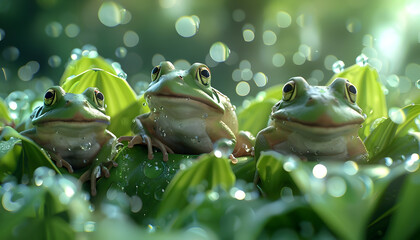 Wall Mural - Three green frogs sitting in lush green foliage, surrounded by raindrops.