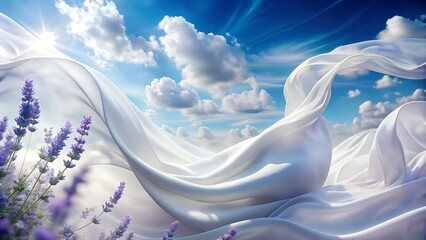 Wall Mural - Flowing White Silk Fabric with Lavender Clouds in Blue Sky. Perfect for: Spring Festivals, Fashion Shows, Artistic Exhibits, Relaxation Spaces