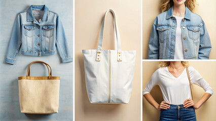 White modern tote bag with golden zipper and inner pockets on a clean background, showcasing front and back design option