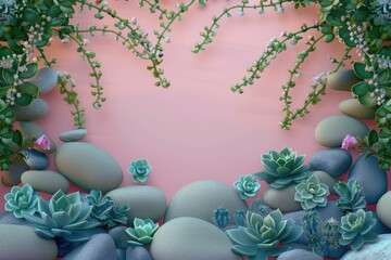 Sticker - Pink Background with Greenery and Smooth Stones