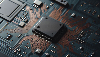 Poster - Close-up minimalist illustration of a microchip integrated on motherboard