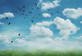 Poster - blue watercolor light summer background spring abstract sky cloud birds