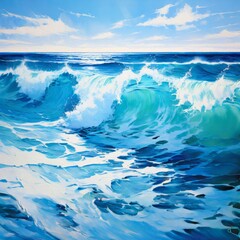 Poster - blue waves ocean landscape painting with swirling blues and gree