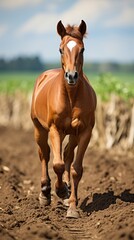 Sticker - A portrait of a beautiful bay horse grazing on a farm in a paddock.  