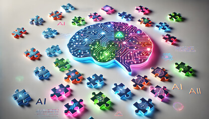 Poster - Colorful Brain Shaped Circuit Diagram Representing Intelligence and Technology Concepts  Digital Circuitry Pattern with Puzzle Pieces Symbolizing Innovation Problem Solving and Innovative Solutions