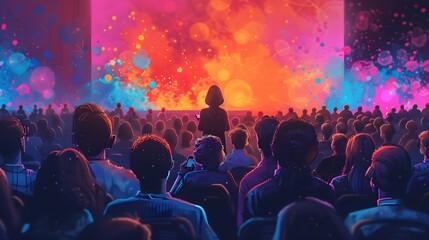 A vibrant and engaging scene capturing a speaker on stage before an audience, illuminated by colorful lights and abstract visuals.   