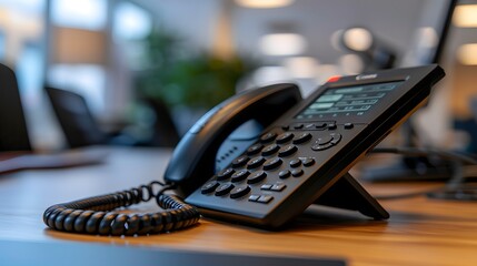 A close-up view of a modern office telephone on a wooden desk, showcasing a professional workspace environment.   