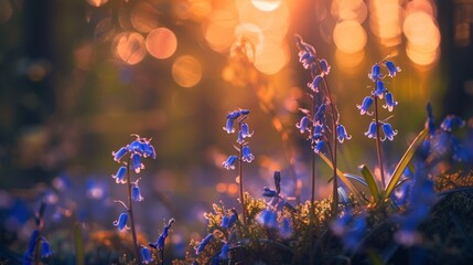 Wall Mural - Bluebells Blooming in Golden Light