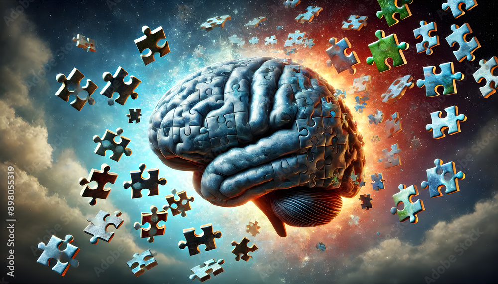 Conceptual digital depicting a human brain made up of abstract puzzle ...
