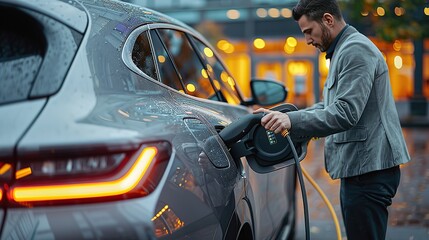 Plugged in electric car in at a EV charging station, man use the power cable and plug on nature background, Charging modern electric cars from station outdoors.