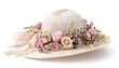 © MinimalZine - A charming Easter bonnet adorned with pastel flowers and ribbons, isolated on a white background.