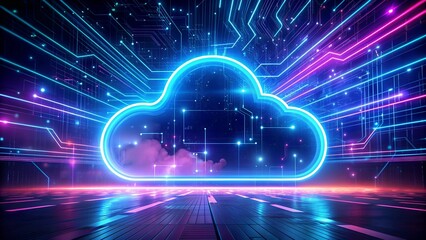 Poster - Futuristic Technology Background with Neon Light Cloud Computing
