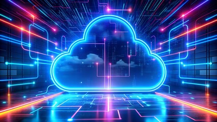 Poster - Futuristic Technology Background with Neon Light Cloud Computing