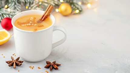 Hot cider in a mug with a cinnamon stick close up, cozy warmth, realistic, Fusion, kitchen counter