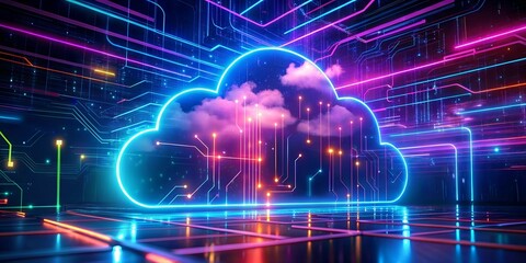 Poster - Futuristic Technology Background with Neon Light Cloud Computing