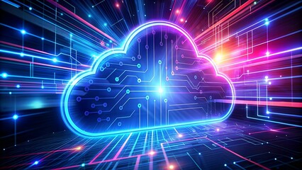 Poster - Futuristic Technology Background with Neon Light Cloud Computing